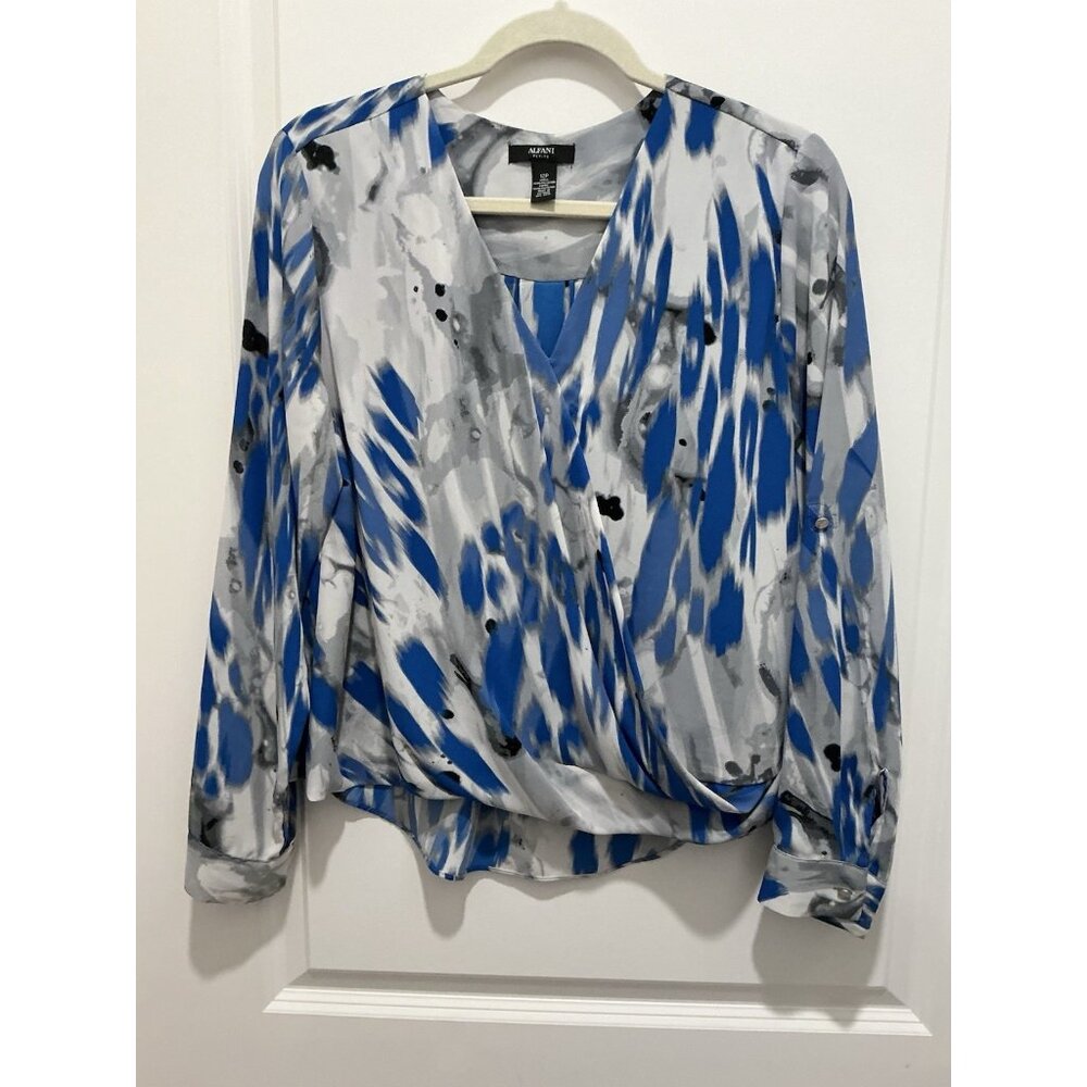 Alfani Petite Top 12P VNeck Cross Over White Gray Blue Long Sleeve